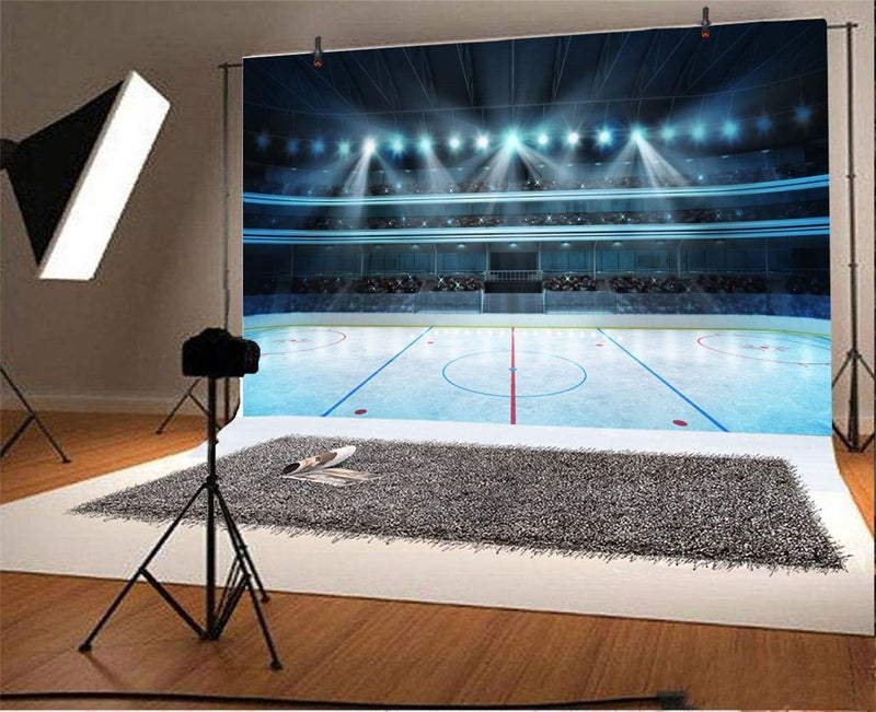 Laeacco 7x5ft Hockey Stadium Backdrop Vinyl Photography Background Ice Rink Stage Lights Shiny Haloes Stadium Spotlight School Sports Meeting Event Activity Adult Portrait Shoot Studio - Image 2